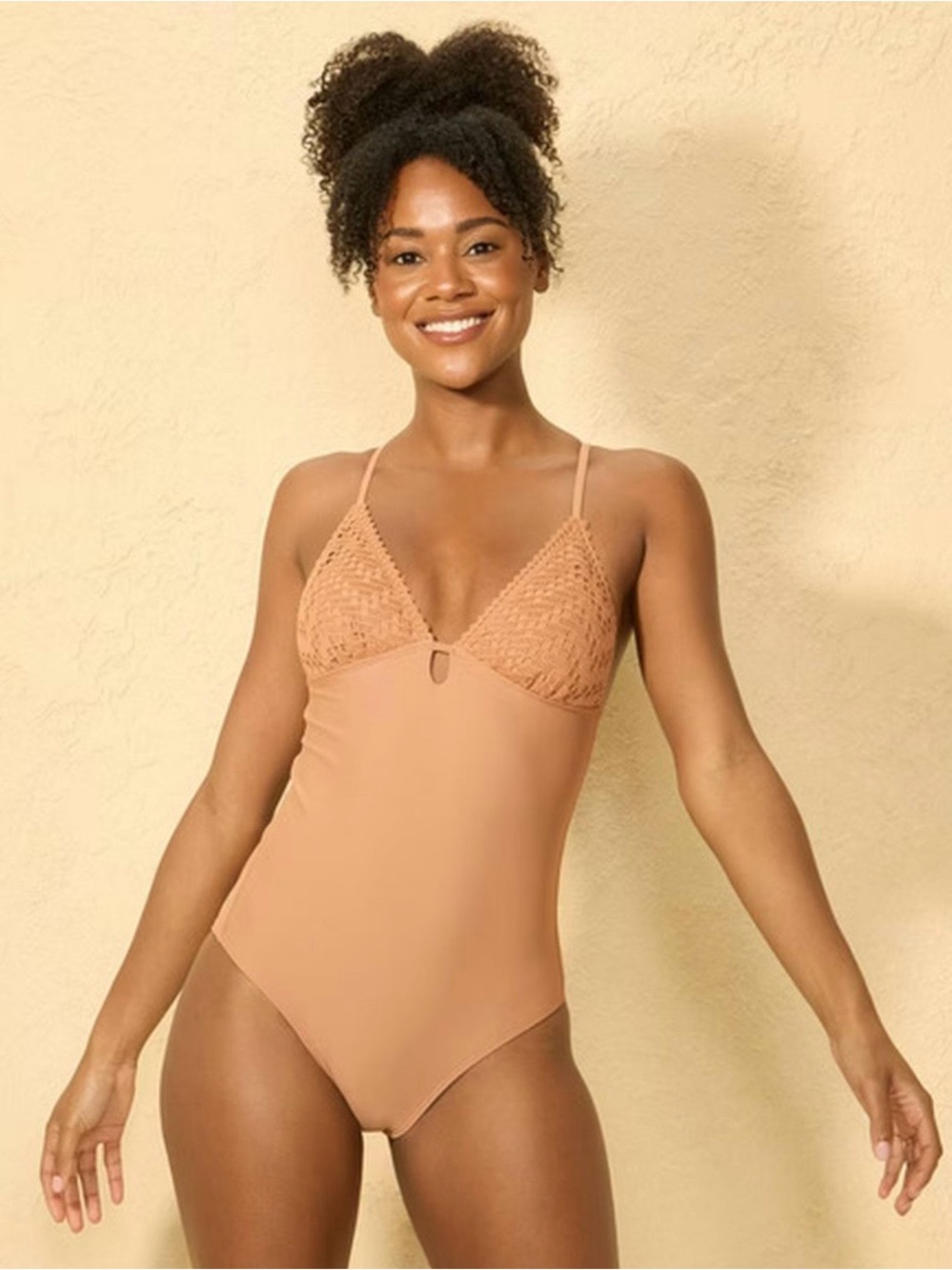Crochet-Trim One-Piece Swimsuit in Tan